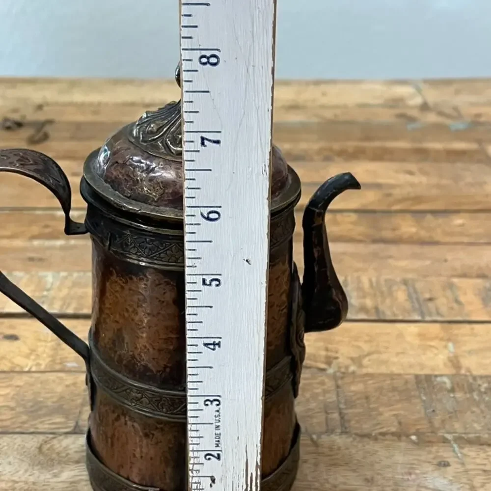 Antique Copper Brass Pitcher 7.5 in Ornate Detailed Embossing w/ Lid